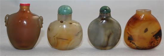 Four Chinese chalcedony snuff bottles, 1800-1900, Richards no.s 254,272, 369 and 358